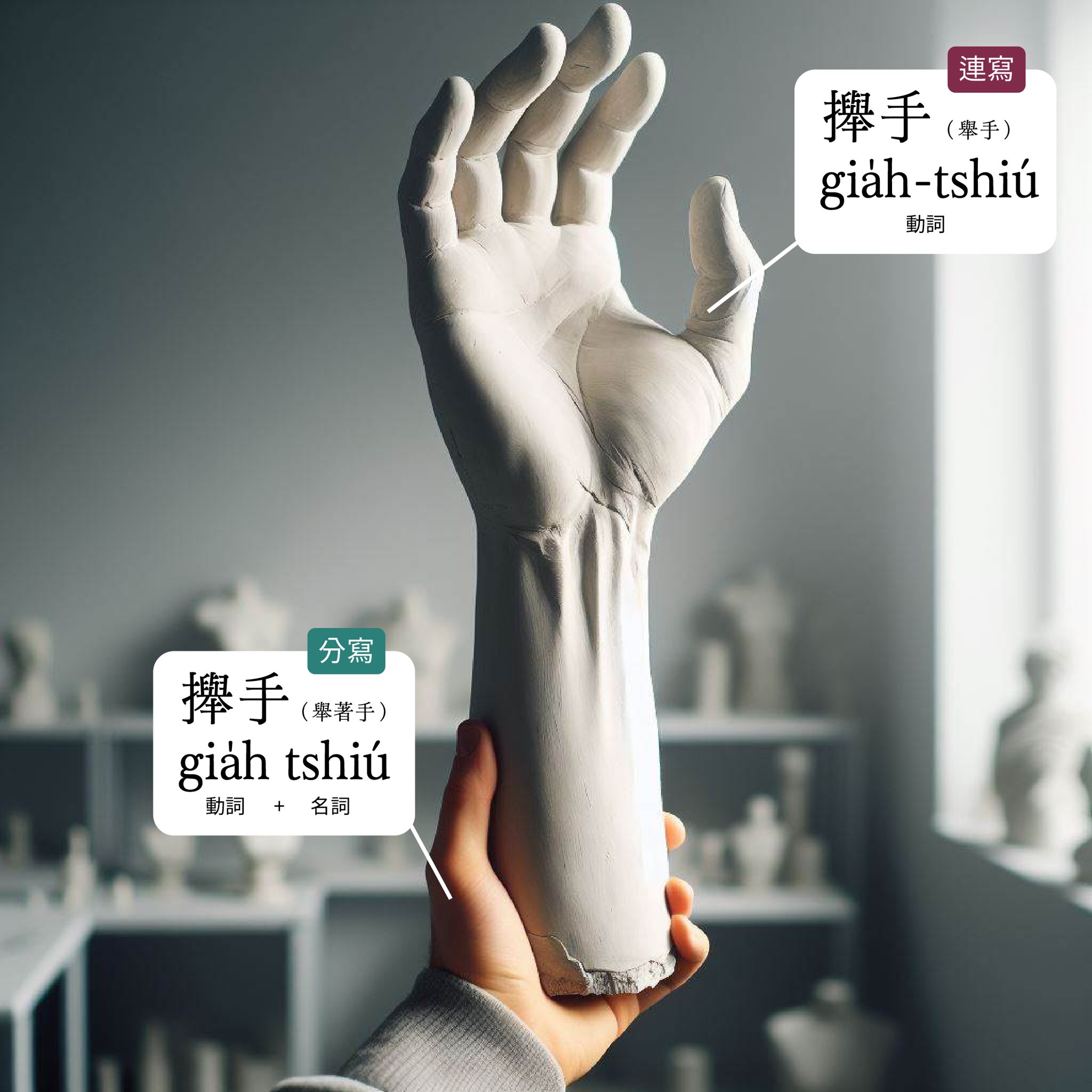 這張圖的人咧 gia̍h tshiú,伊攑的手嘛咧 gia̍h-tshiú