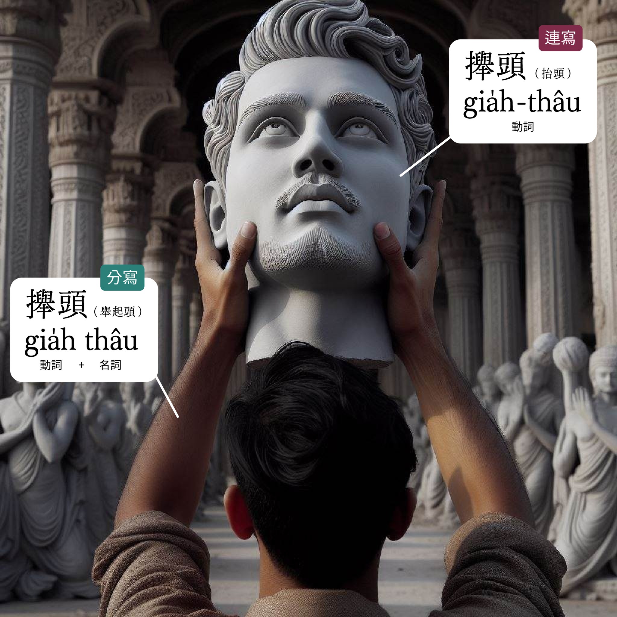 這張圖內底的人咧 gia̍h thâu,伊攑的彼粒頭嘛拄好咧 gia̍h-thâu