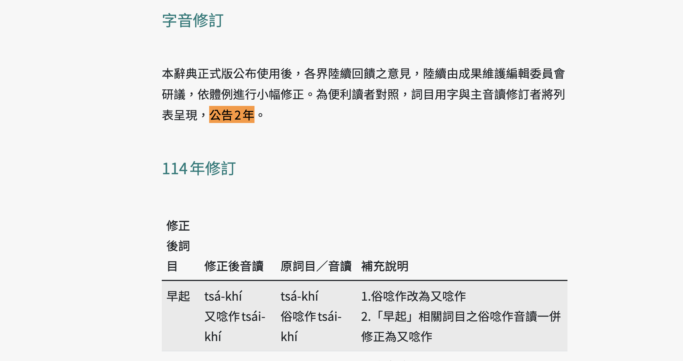 有關「字音修訂公告2年」